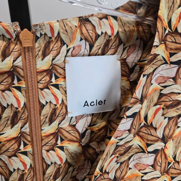 Acler Everett Midi Dress Printed Crepe Puff Sleeve Orange Leaf Boho US 6 - Picture 4 of 9